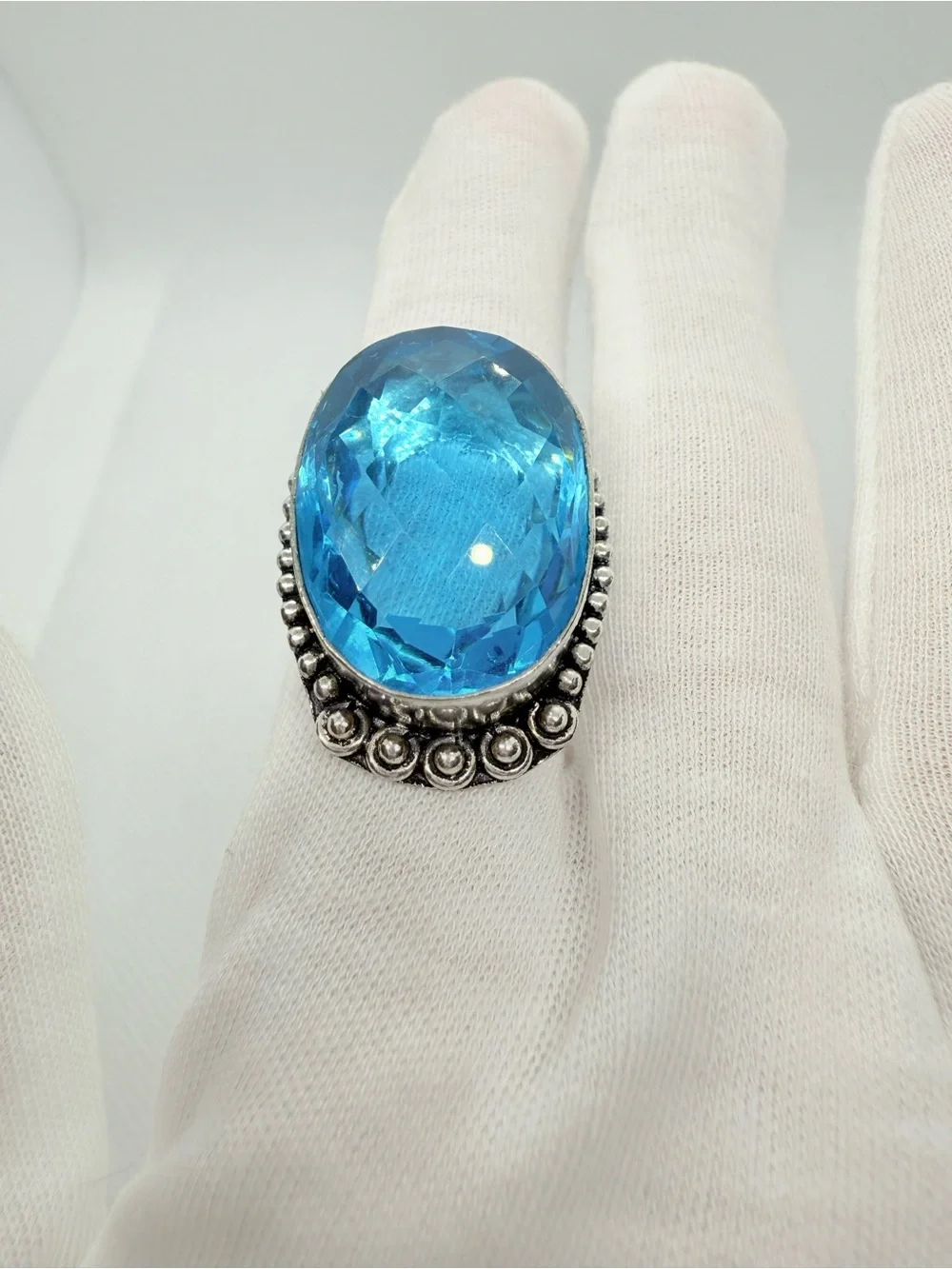Blue Oval Topaz Crystal Statement Ring